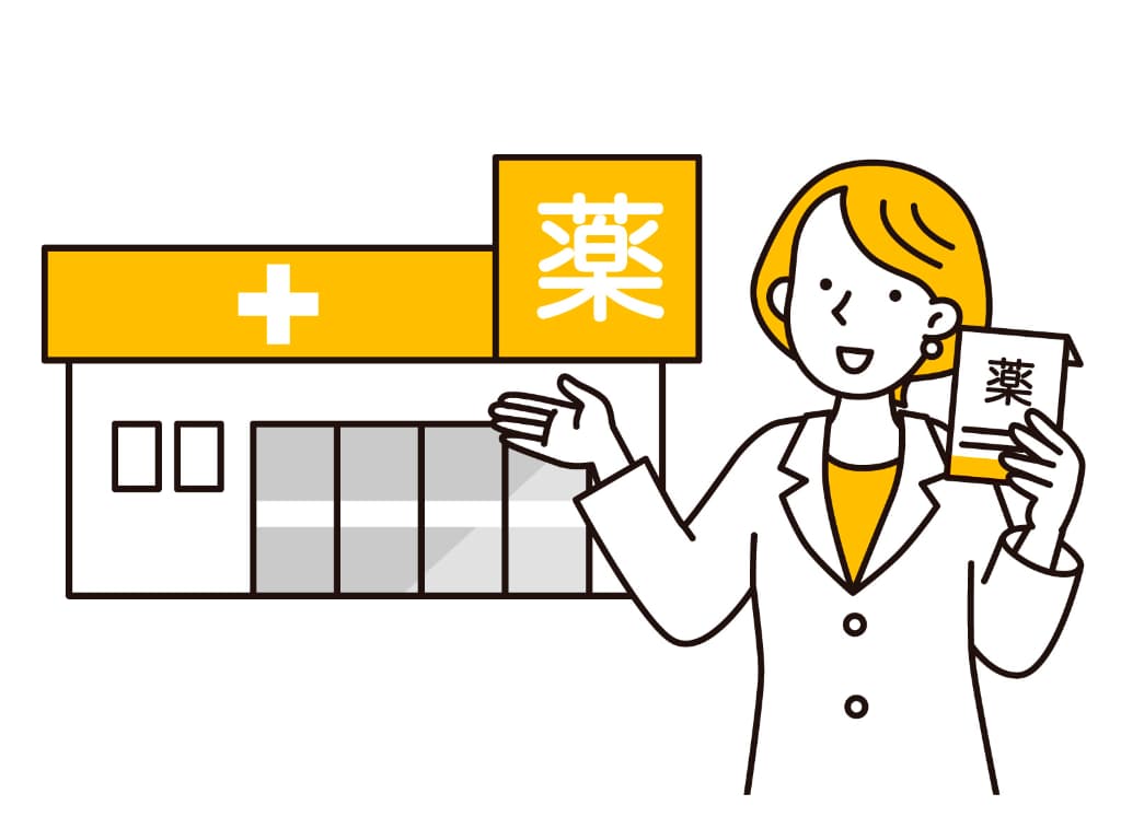ドラッグストアを指し示す女性薬剤師