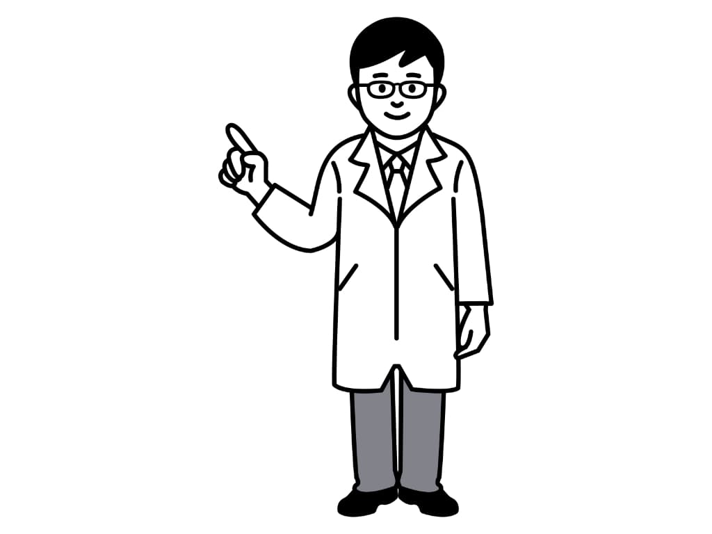 指で指し示す白衣の男性