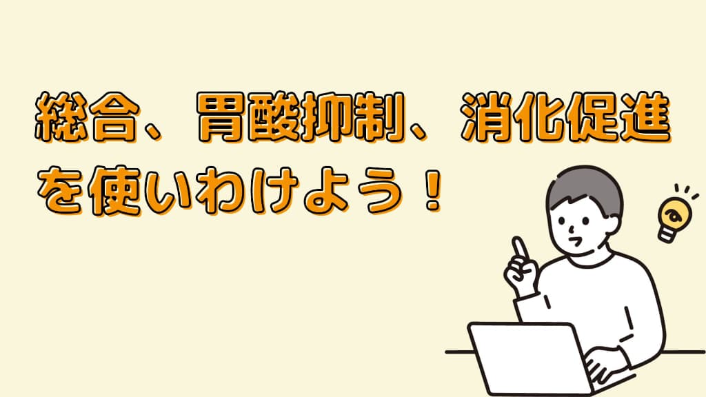 総合、胃酸抑制、消化促進を使いわけよう！